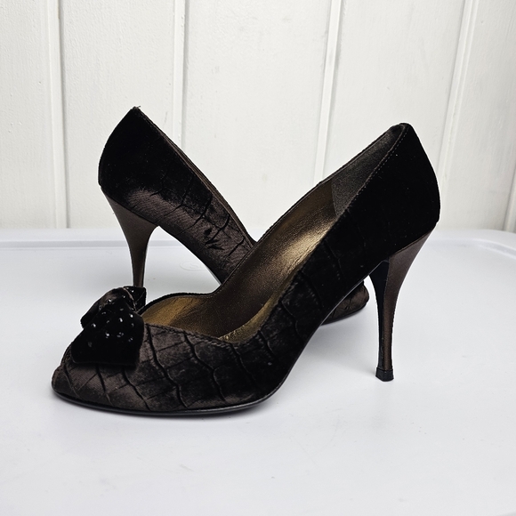 Stuart Weitzman Brown Velvet Snake Skin RhinestoneBow Leather Peeptoe Heels - Picture 5 of 11